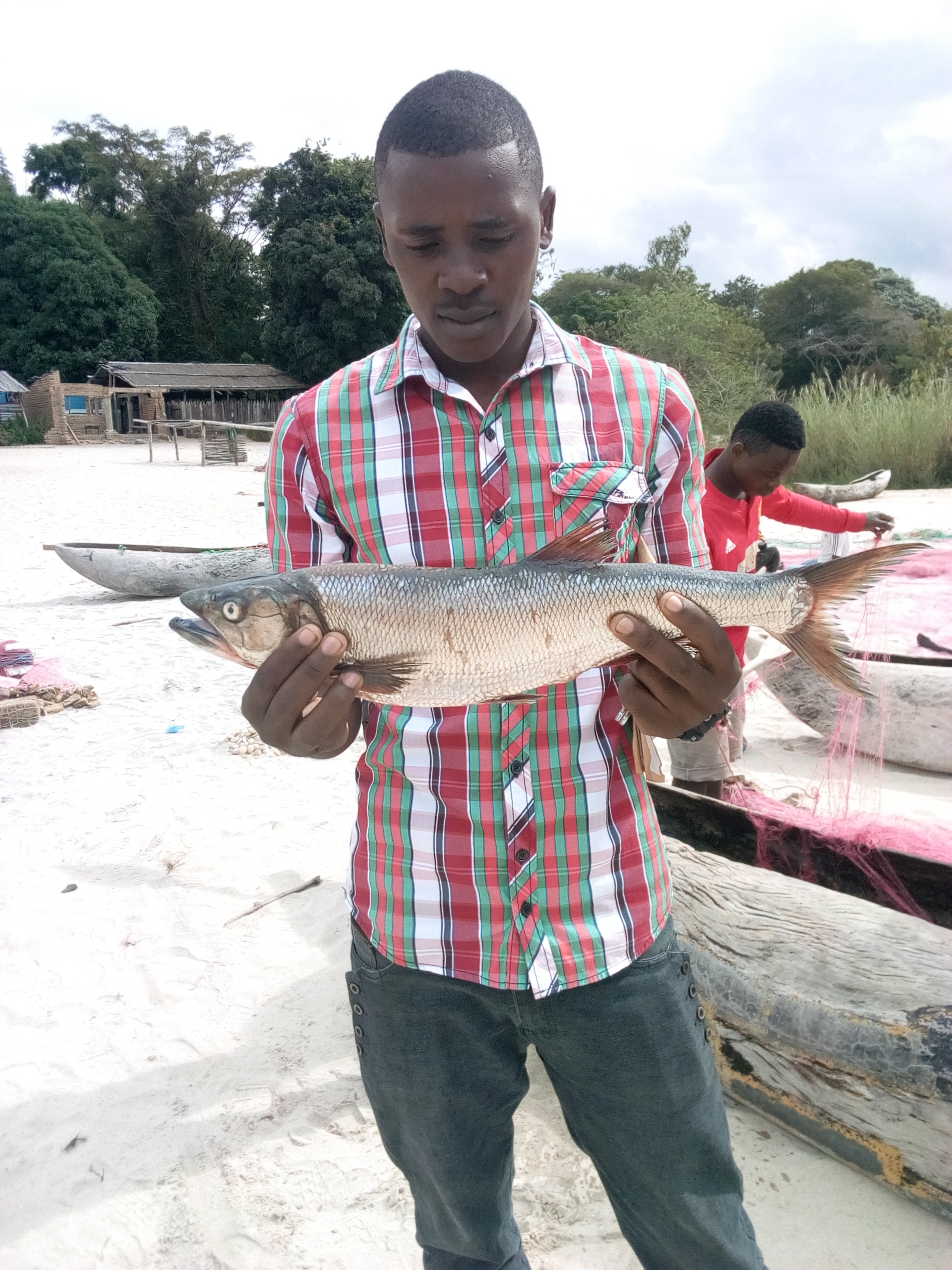 Sammy holding Mpasa fish at Kaweta