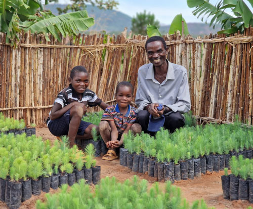 Mwandofia and his children in his tree nursery in Malawi