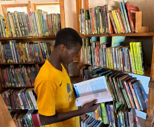 A library member chooses a book in Malawi