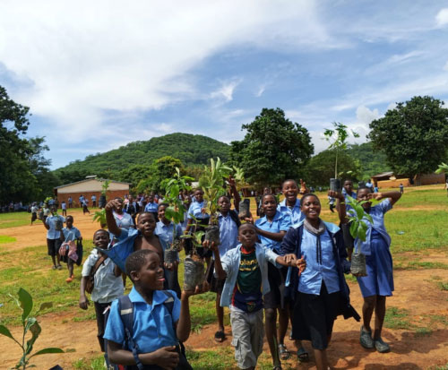 Students excitedly running to plant their fruit tree seedlings