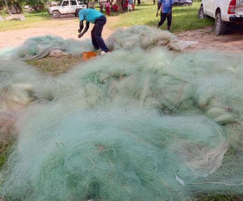 A pile of confiscated monofilament nets in Malawi